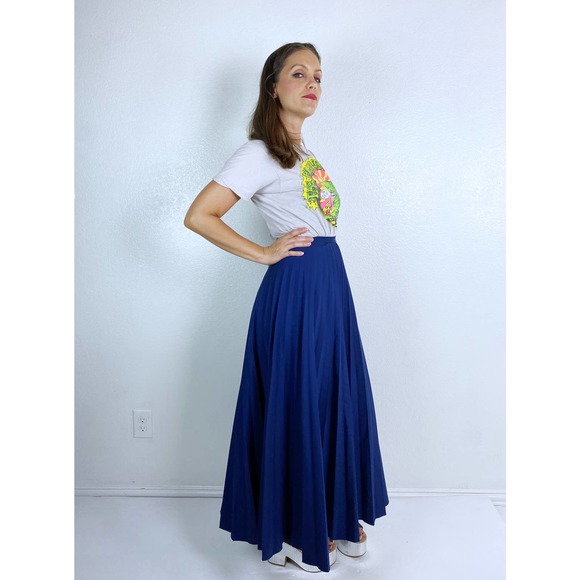 vintage 70s Navy high waisted PLEATED Maxi SKIRT xxs/xs full skirt knife pleats - Picture 7 of 10